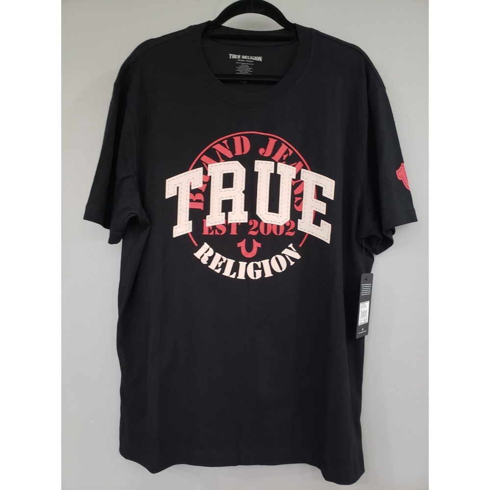 NEW LARGE True Religion Logo Stitch Mens Black Tee Tshirt Short SLeeve